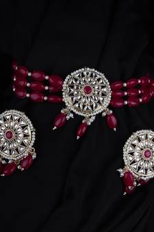 Red Gold Plated Beaded Studded Necklace Set With Earrings