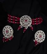 Red Gold Plated Beaded Studded Necklace Set With Earrings