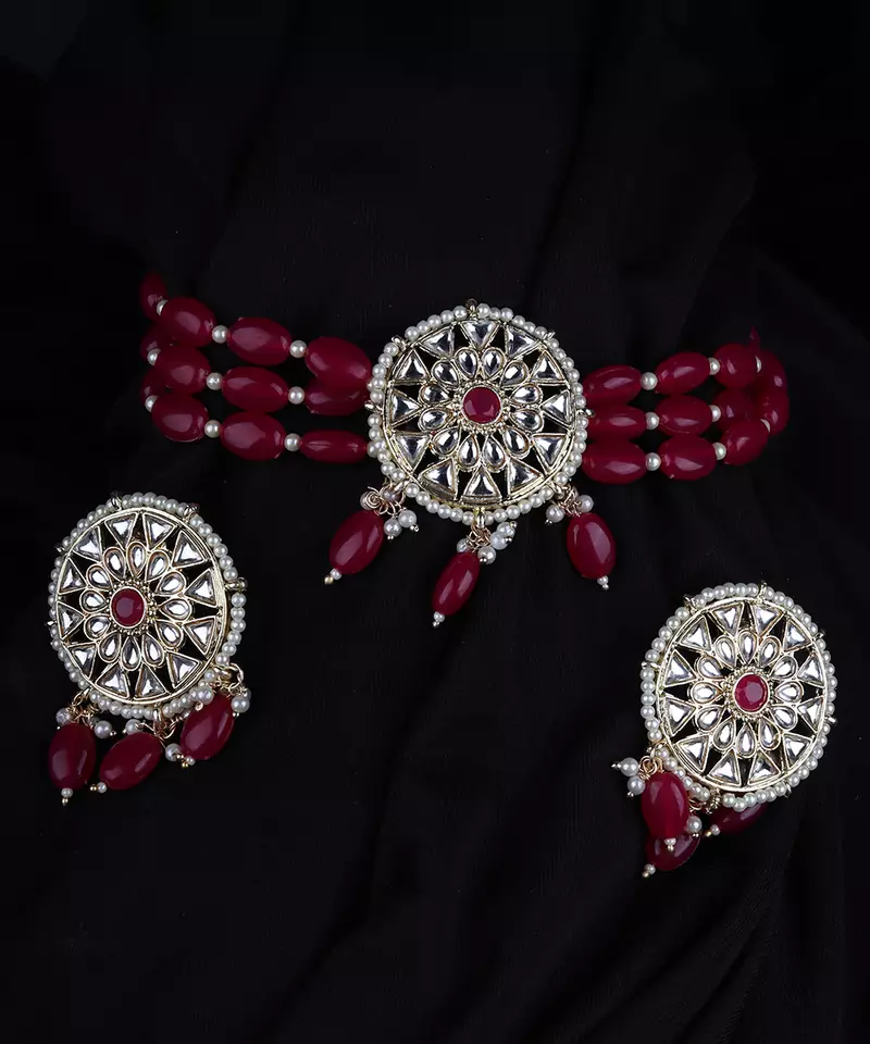 Red Gold Plated Beaded Studded Necklace Set With Earrings