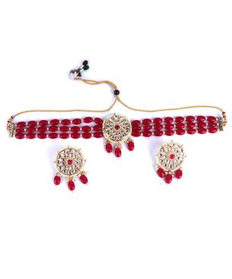 Red Gold Plated Beaded Studded Necklace Set With Earrings 2