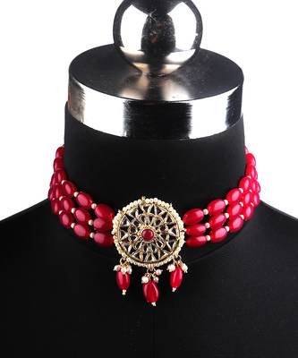 Red Gold Plated Beaded Studded Necklace Set With Earrings 3