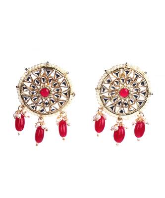 Red Gold Plated Beaded Studded Necklace Set With Earrings 4