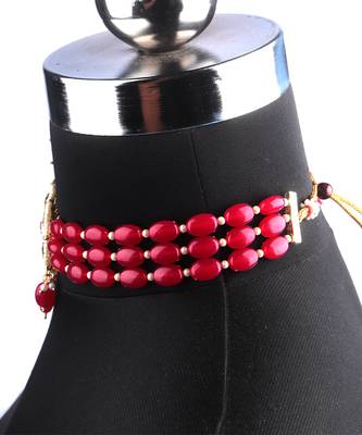 Red Gold Plated Beaded Studded Necklace Set With Earrings 5
