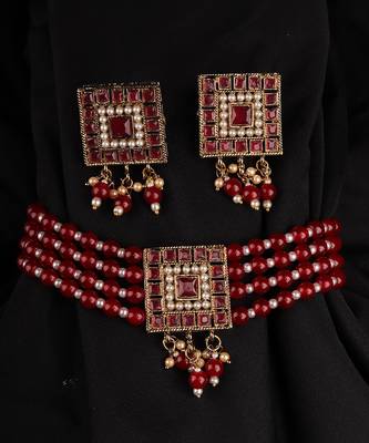 Pink Gold Plated Polki Studded Necklace Set With Earrings 1