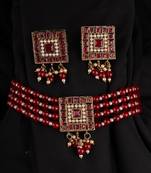 Pink Gold Plated Polki Studded Necklace Set With Earrings