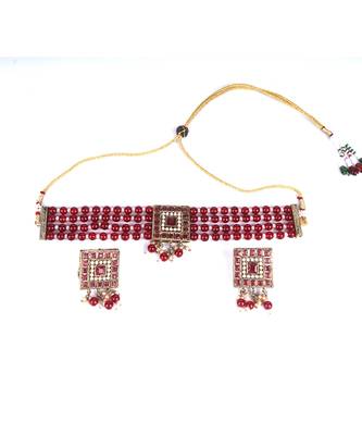 Pink Gold Plated Polki Studded Necklace Set With Earrings 2