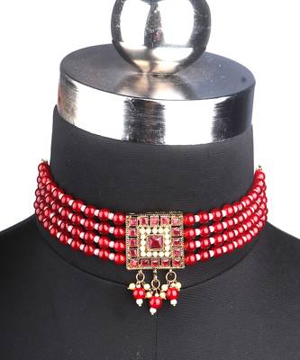 Pink Gold Plated Polki Studded Necklace Set With Earrings 5