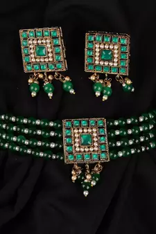 Green Gold Plated Beaded Studded Necklace Set With Earrings
