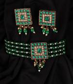 Green Gold Plated Beaded Studded Necklace Set With Earrings
