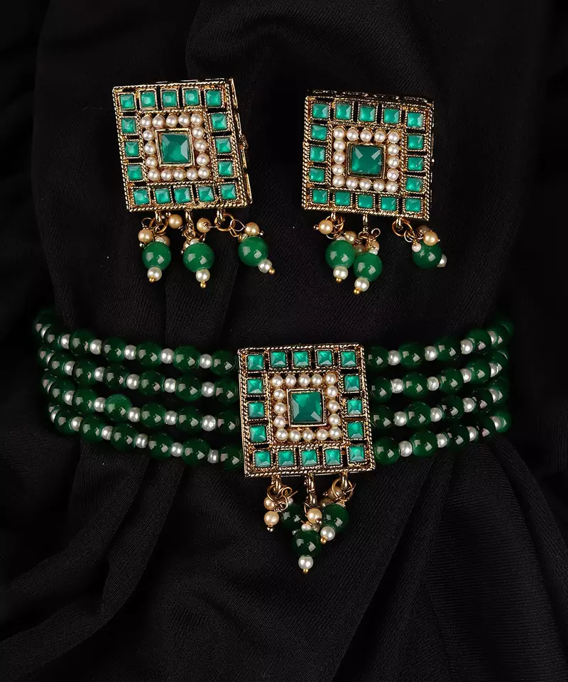 Green Gold Plated Beaded Studded Necklace Set With Earrings