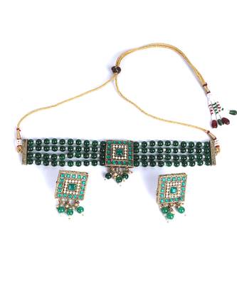 Green Gold Plated Beaded Studded Necklace Set With Earrings 2