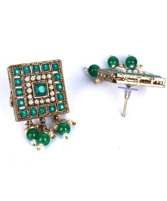 Green Gold Plated Beaded Studded Necklace Set With Earrings 4