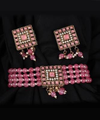 Pink Gold Plated Beaded Studded Necklace Set With Earrings 1
