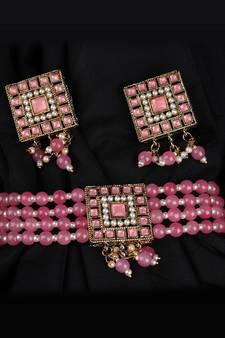 Pink Gold Plated Beaded Studded Necklace Set With Earrings