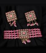 Pink Gold Plated Beaded Studded Necklace Set With Earrings