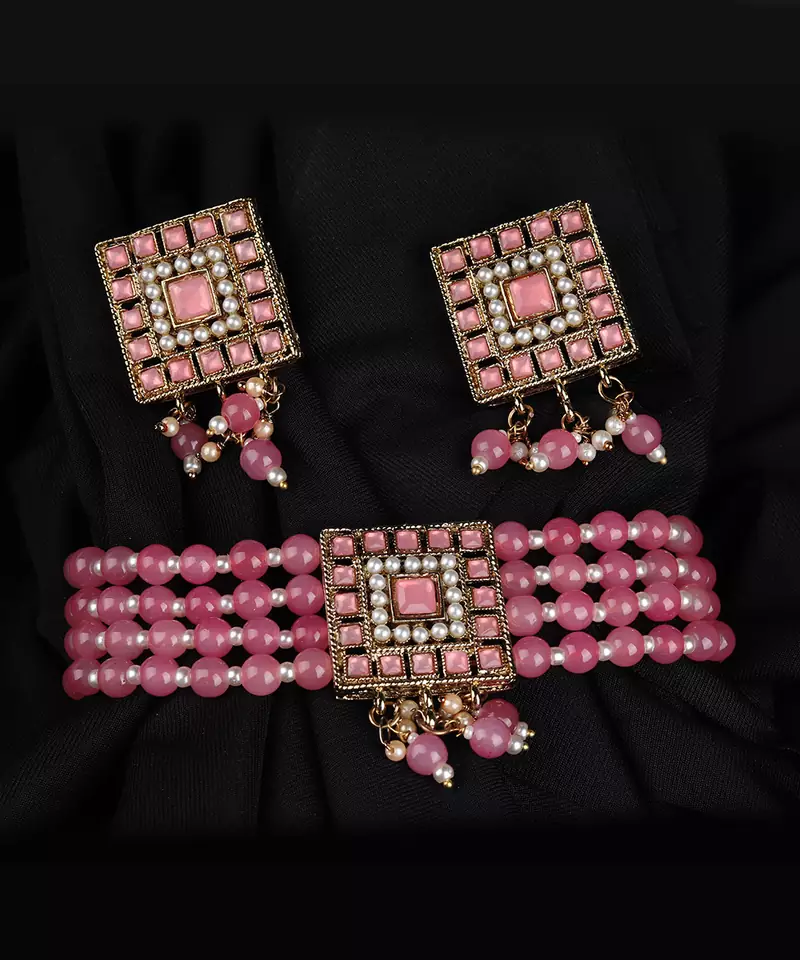 Pink Gold Plated Beaded Studded Necklace Set With Earrings