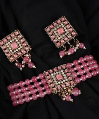 Pink Gold Plated Beaded Studded Necklace Set With Earrings 2