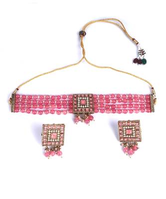 Pink Gold Plated Beaded Studded Necklace Set With Earrings 3