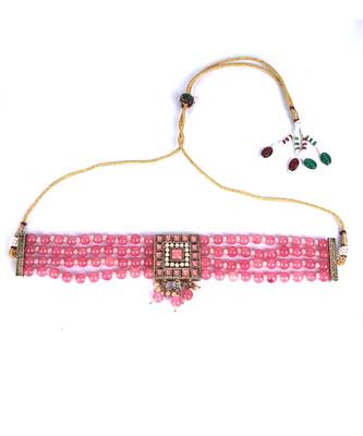 Pink Gold Plated Beaded Studded Necklace Set With Earrings 4