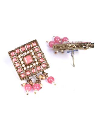 Pink Gold Plated Beaded Studded Necklace Set With Earrings 5