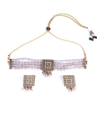 Grey Gold Plated Pearl Necklace Set With Earrings 2