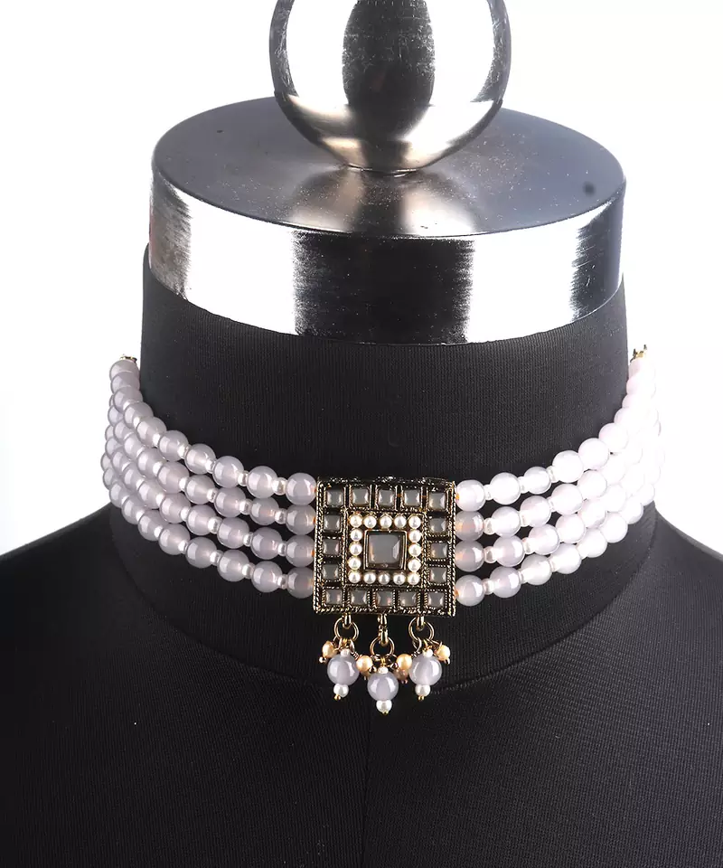 Grey Gold Plated Pearl Necklace Set With Earrings