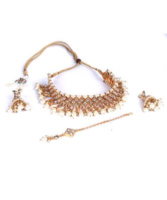 Gold Plated Kundan  Studded Necklace Set With Earrings 3