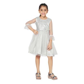 Grey plain net kids-frocks 1