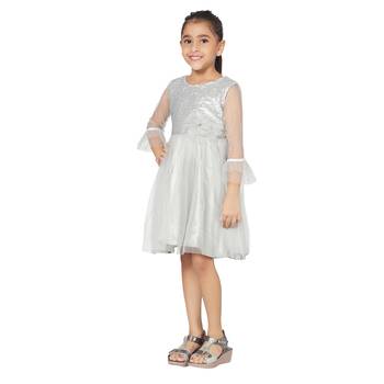 Grey plain net kids-frocks 2