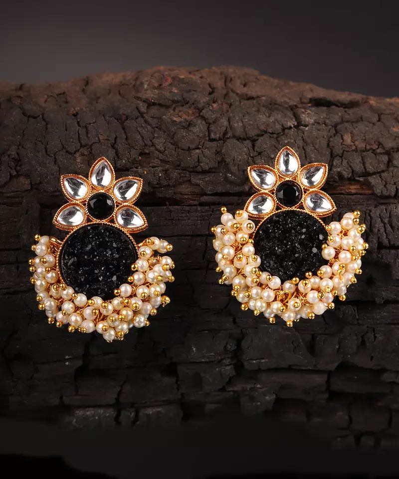 Black Gold Plated Kundan Earrings