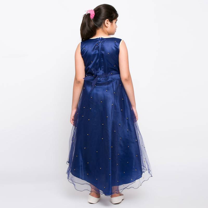 girls blue Net printed stitched   dress