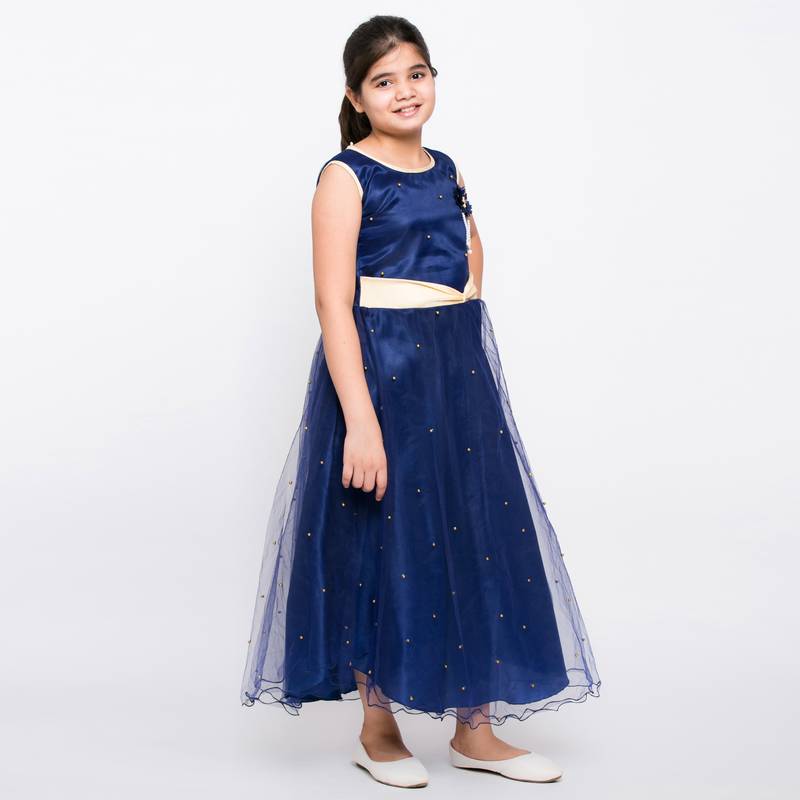 girls blue Net printed stitched   dress