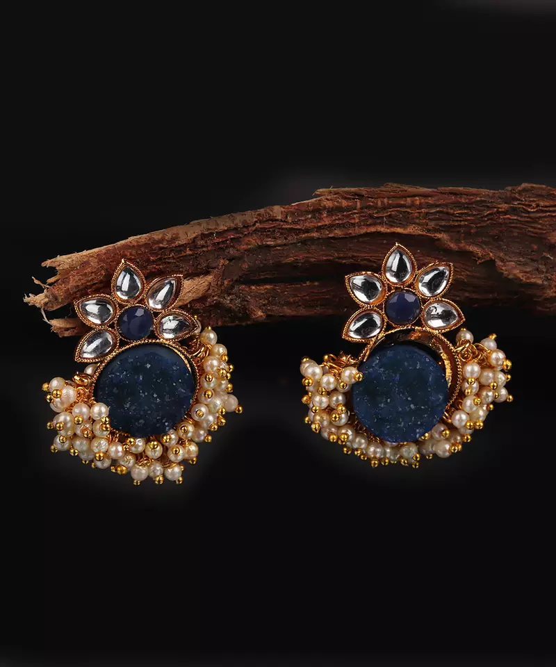 Blue Gold Plated Kundan Earrings