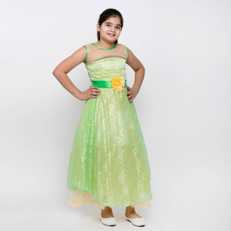 girls green Net printed stitched   dress