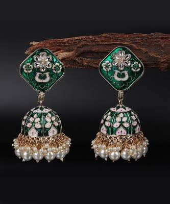 Green Gold Plated Polki Pearl Earrings 2