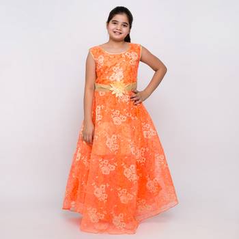 girls Orange Tissue printed stitched   dress 1