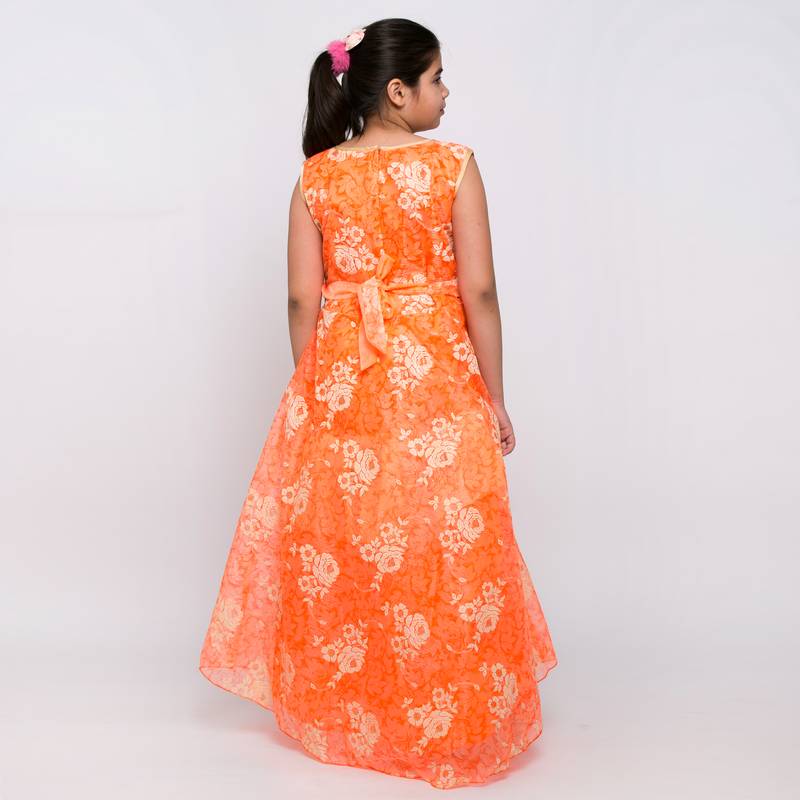 girls Orange Tissue printed stitched   dress