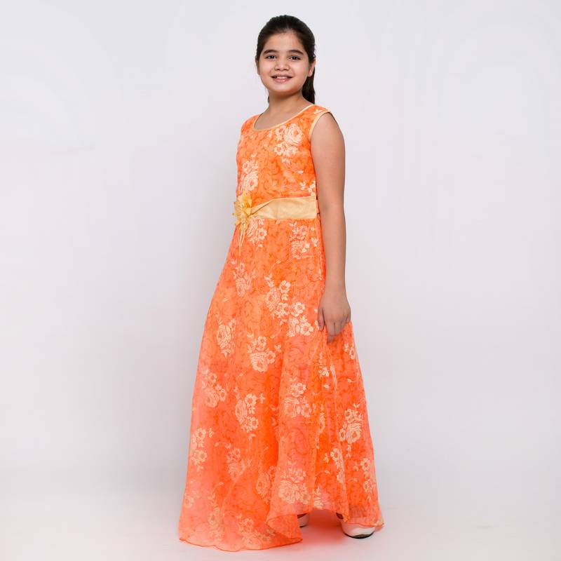 girls Orange Tissue printed stitched   dress