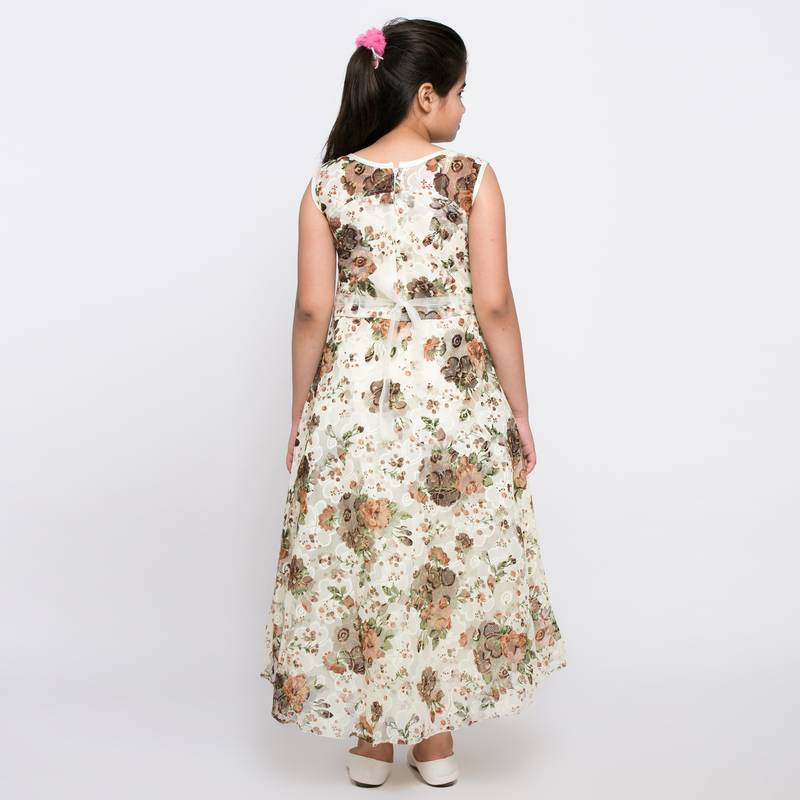 girls Brown Net printed stitched   dress