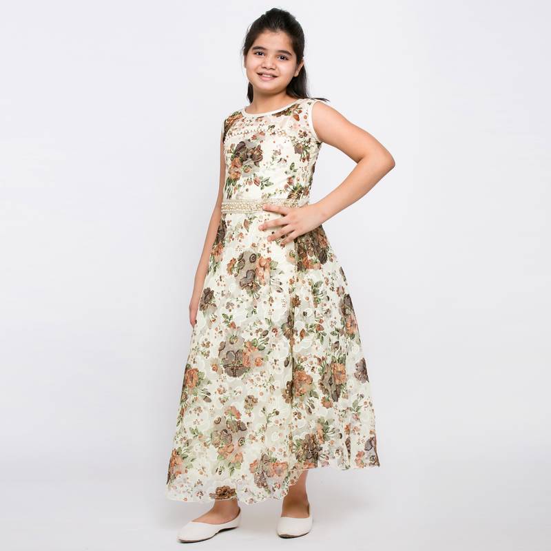girls Brown Net printed stitched   dress