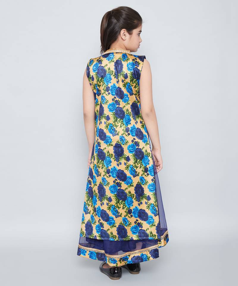 girls Blue Net printed stitched   dress
