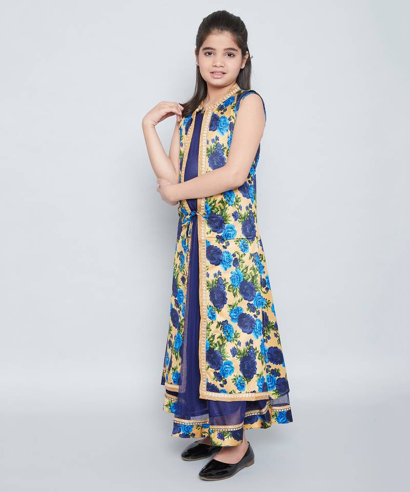 girls Blue Net printed stitched   dress