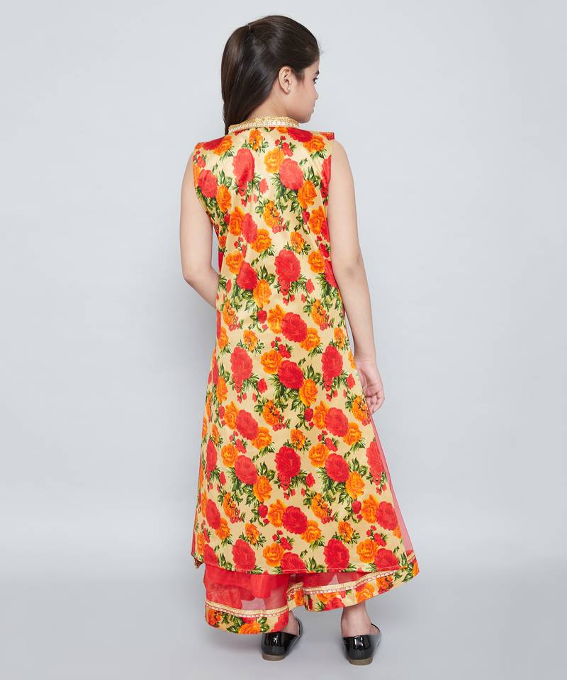 girls Red Net printed stitched   dress