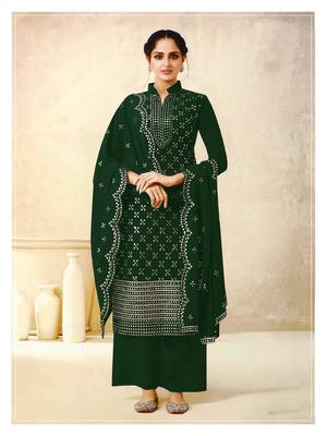 Women's Georgette Green Embroidered Semi Stitched Salwar Suit Palazzo Material 1