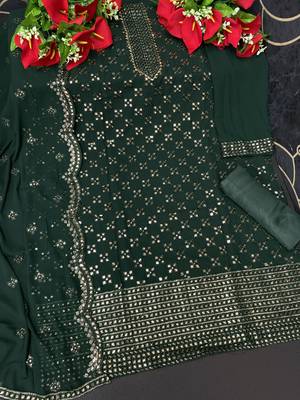 Women's Georgette Green Embroidered Semi Stitched Salwar Suit Palazzo Material 3