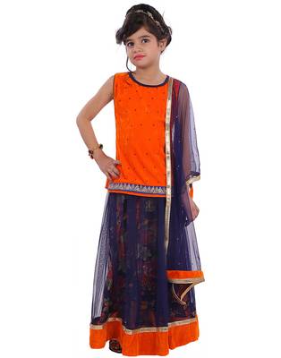 Orange printed silk stitched   lehenga &   choli with dupatta 1