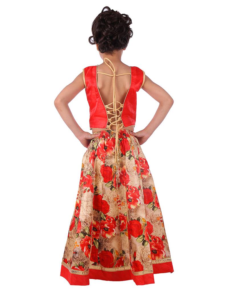 Red printed silk stitched   lehenga &   choli with dupatta