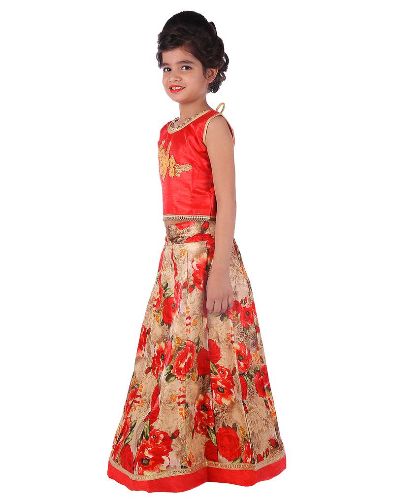 Red printed silk stitched   lehenga &   choli with dupatta