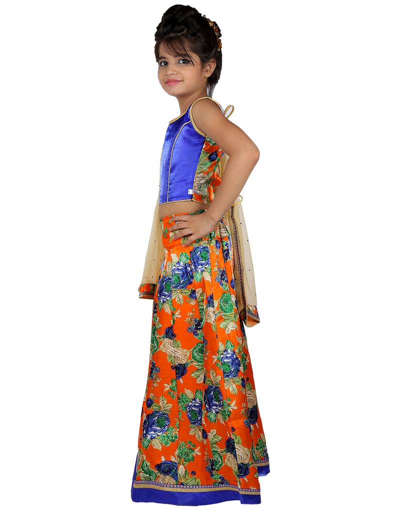 Blue printed silk stitched   lehenga &   choli with dupatta