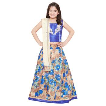 Blue printed silk stitched   lehenga &   choli with dupatta 1